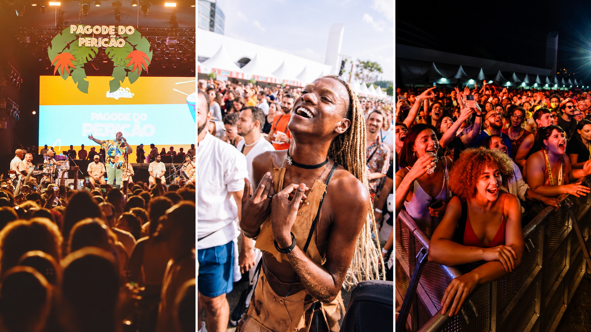 Composición de tres fotografías del Pagode do Pericão, con una presentación en el escenario, una persona entre el público y asistentes junto a la valla