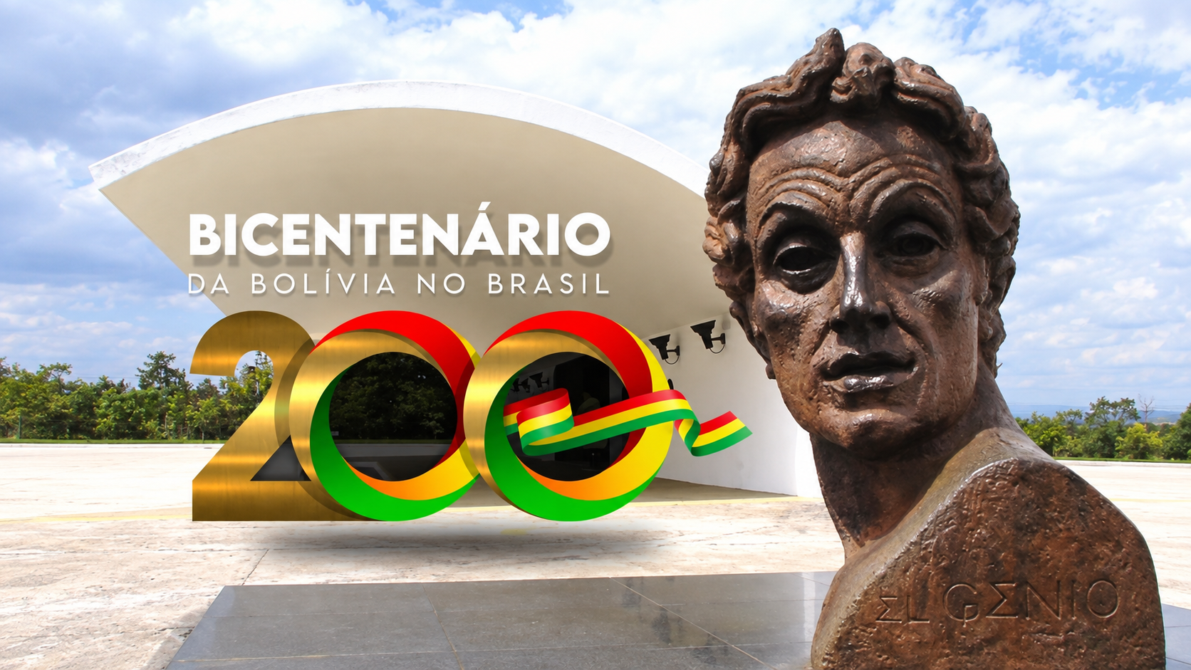 Composición visual del Bicentenario de Bolivia en Brasil con el número 200, una cinta con los colores bolivianos y un busto en primer plano