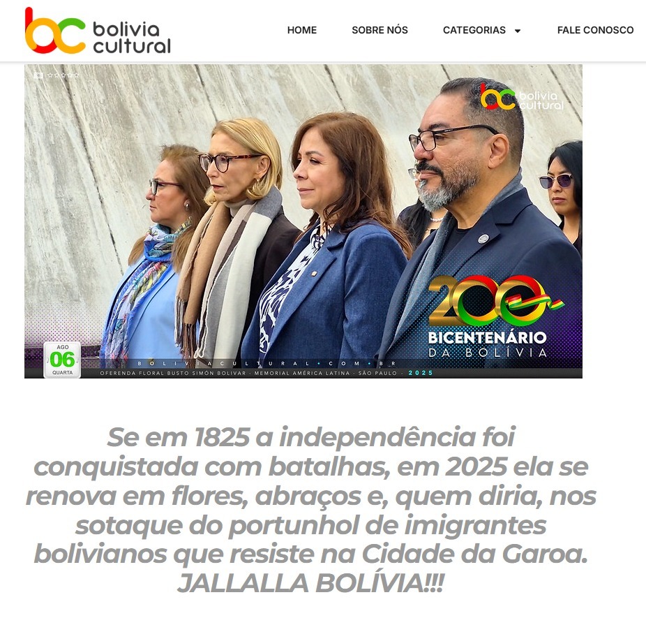 Registro del portal Bolivia Cultural sobre la ofrenda floral del Bicentenario de Bolivia en el Memorial da América Latina