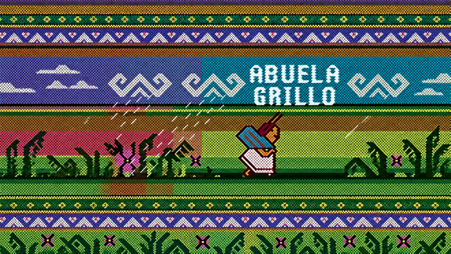 Arte horizontal de Abuela Grillo con patrones gráficos coloridos inspirados en tejidos andinos y el título de la narrativa en el centro