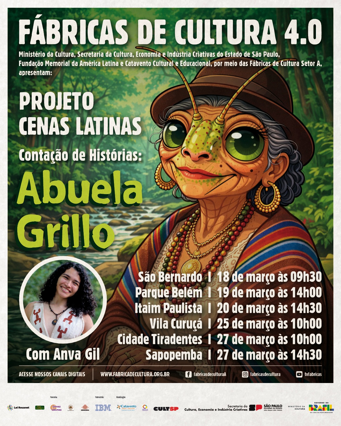 Cartel del Proyecto Cenas Latinas para la narración de historias de Abuela Grillo con Anya Gil en seis Fábricas de Cultura
