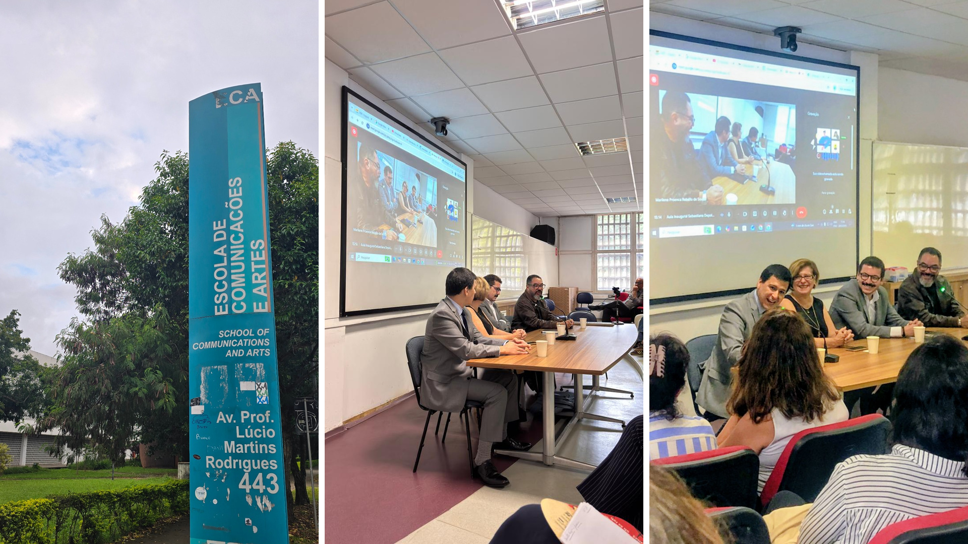 Montaje con un letrero de la Escola de Comunicações e Artes de la USP y dos registros de la mesa de la clase magistral del PROLAM ante los nuevos estudiantes