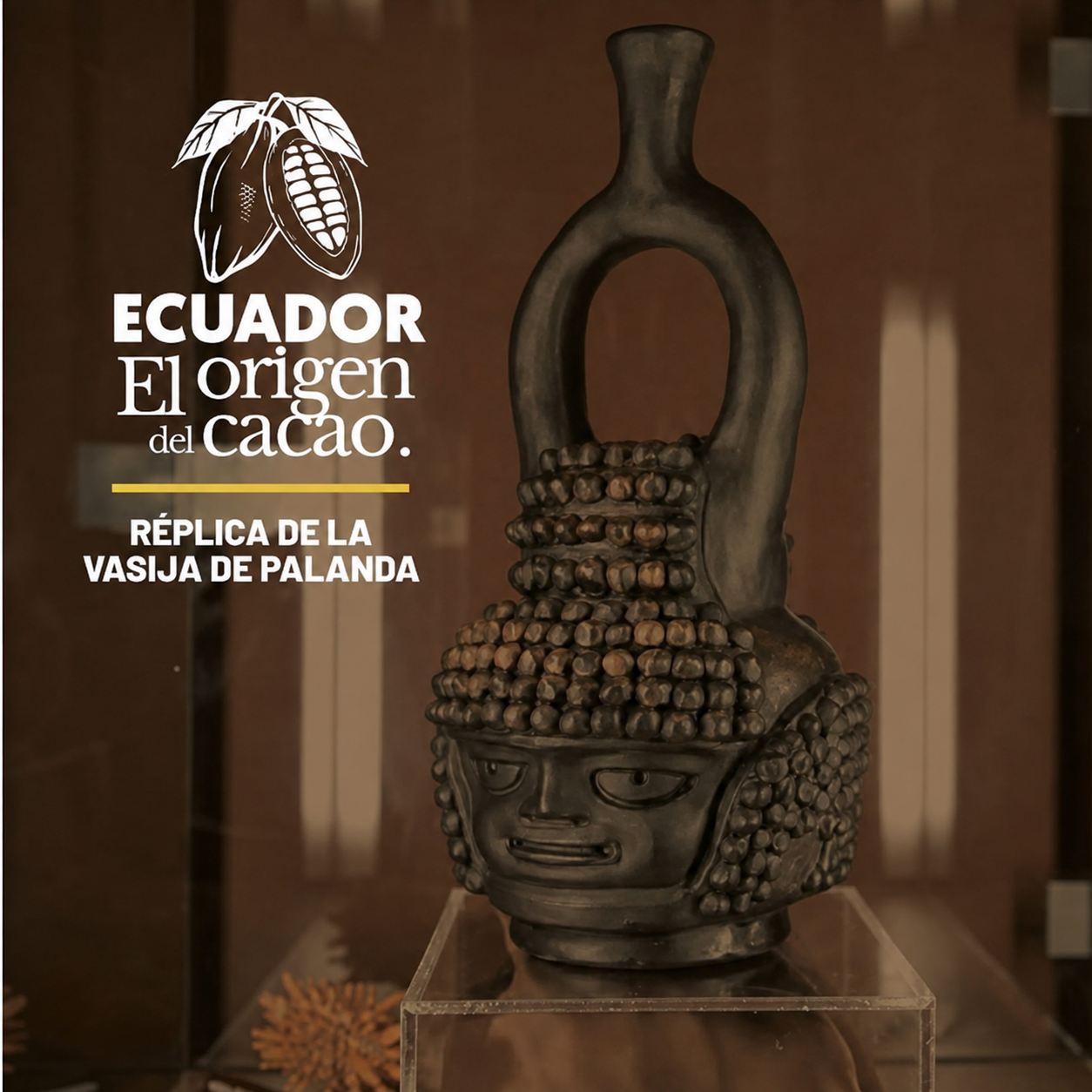 Réplica de la Vasilla de Palanda acompañada de un panel en español sobre el origen del cacao en Ecuador