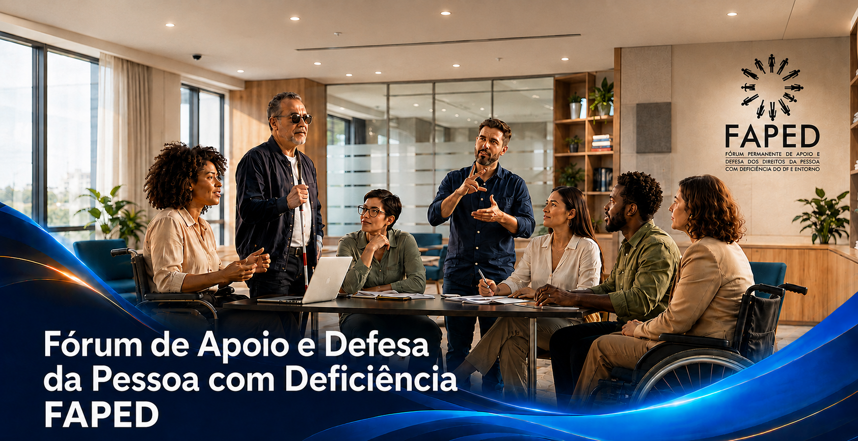 Imagem ilustrativa do Fórum de Apoio e Defesa da Pessoa com Deficiência, com grupo diverso reunido em torno de uma mesa, pessoas com deficiência visual, mobilidade reduzida e intérprete de Libras, além da marca FAPED