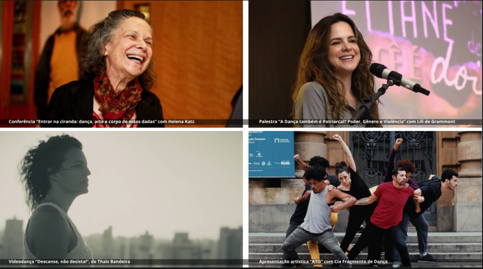 Montagem com conferências, videodança e apresentação artística relacionadas à agenda pública da dança.