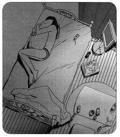 Desenho em preto e branco de uma mulher deitada na cama, vista de cima, ao lado de objetos cotidianos
