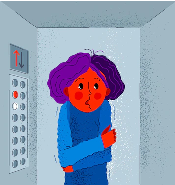 Ilustração de uma mulher de cabelos roxos encolhida dentro de um elevador
