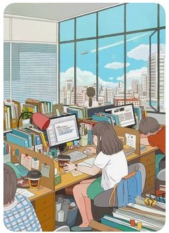 Ilustração de um escritório com grandes janelas, mesas, papéis e uma pessoa curvada diante do trabalho