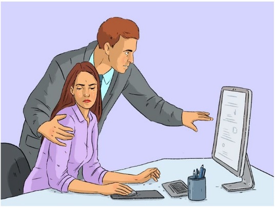 Ilustração de um homem inclinado sobre uma mulher sentada diante de um computador