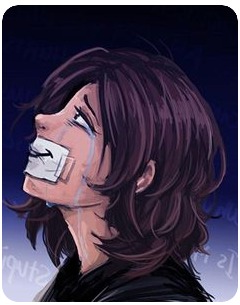 Ilustração do rosto de uma mulher chorando, com uma faixa sobre a boca
