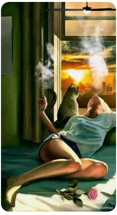 Ilustração de uma mulher sentada no chão ao lado de um gato, voltada para uma abertura iluminada