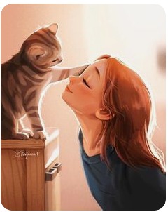 Ilustração de uma mulher tocando o rosto de um gato em gesto de carinho