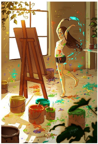 Ilustração de uma mulher pintando em um ambiente luminoso, com cavalete, telas, tintas e plantas