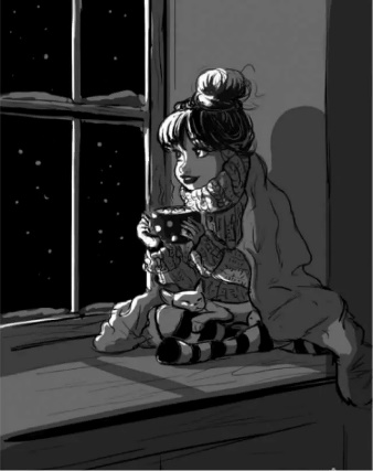 Desenho em preto e branco de uma mulher com um gato junto a uma janela noturna