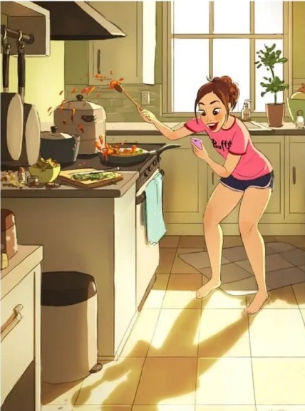 Ilustração de uma mulher em movimento dentro de uma cozinha iluminada