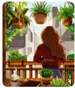 Ilustração de uma mulher de costas diante de uma varanda, cercada por plantas