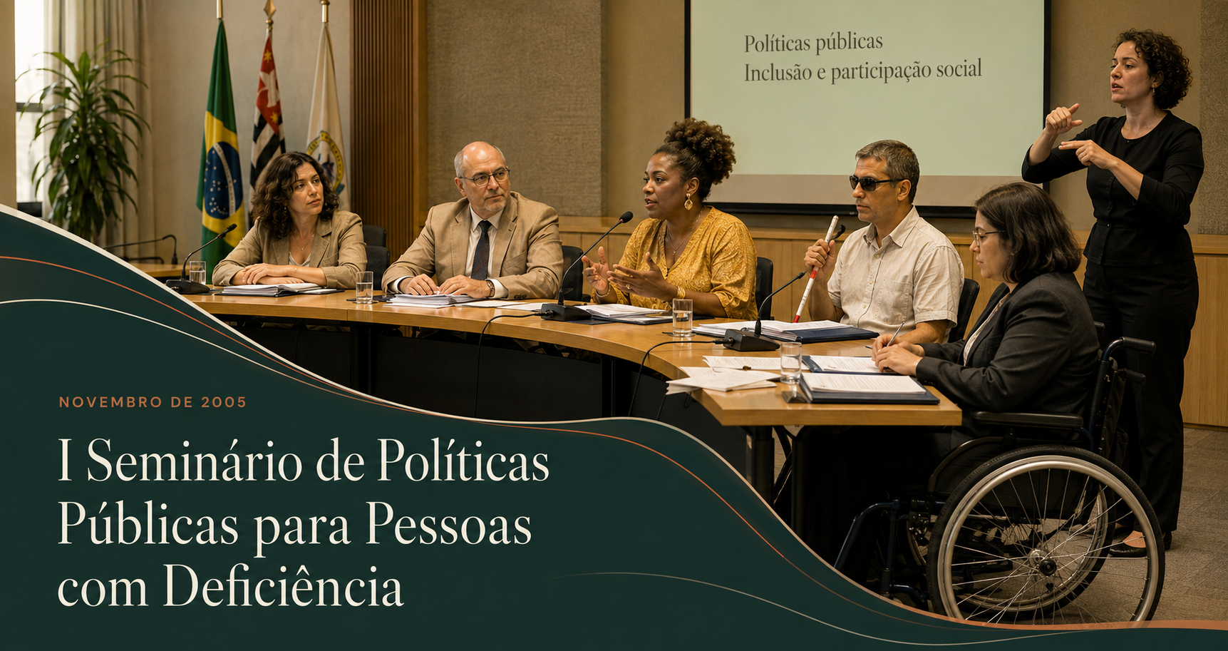Composição de capa do I Seminário de Políticas Públicas para Pessoas com Deficiência, com mesa de participantes, pessoa em cadeira de rodas usando microfone, intérprete de Libras, bandeiras e projeção sobre inclusão e participação social