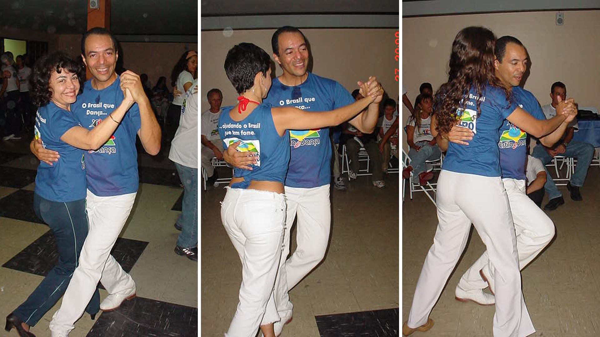 Montagem com três cenas de participantes dançando em pares durante a I Maratona de Dança