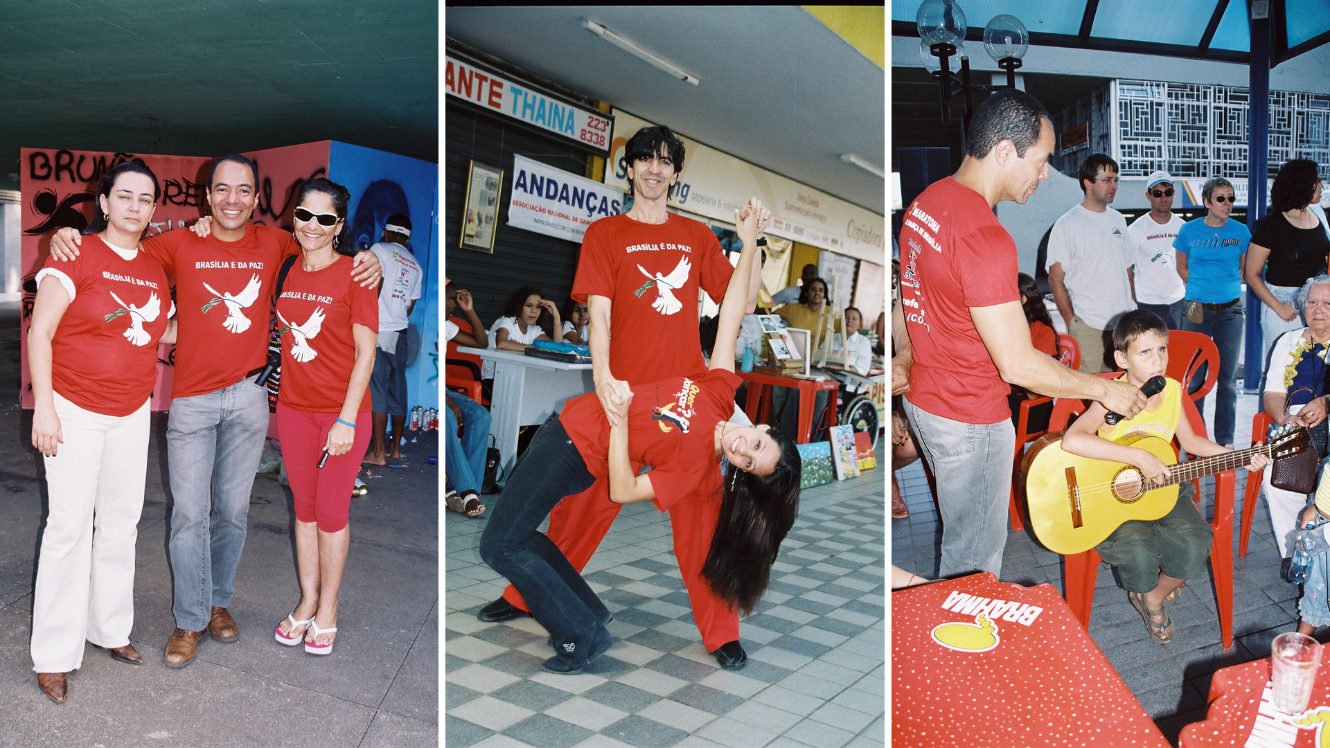 Montagem com registros da equipe, de apresentação de dança e de atividade musical da III Maratona