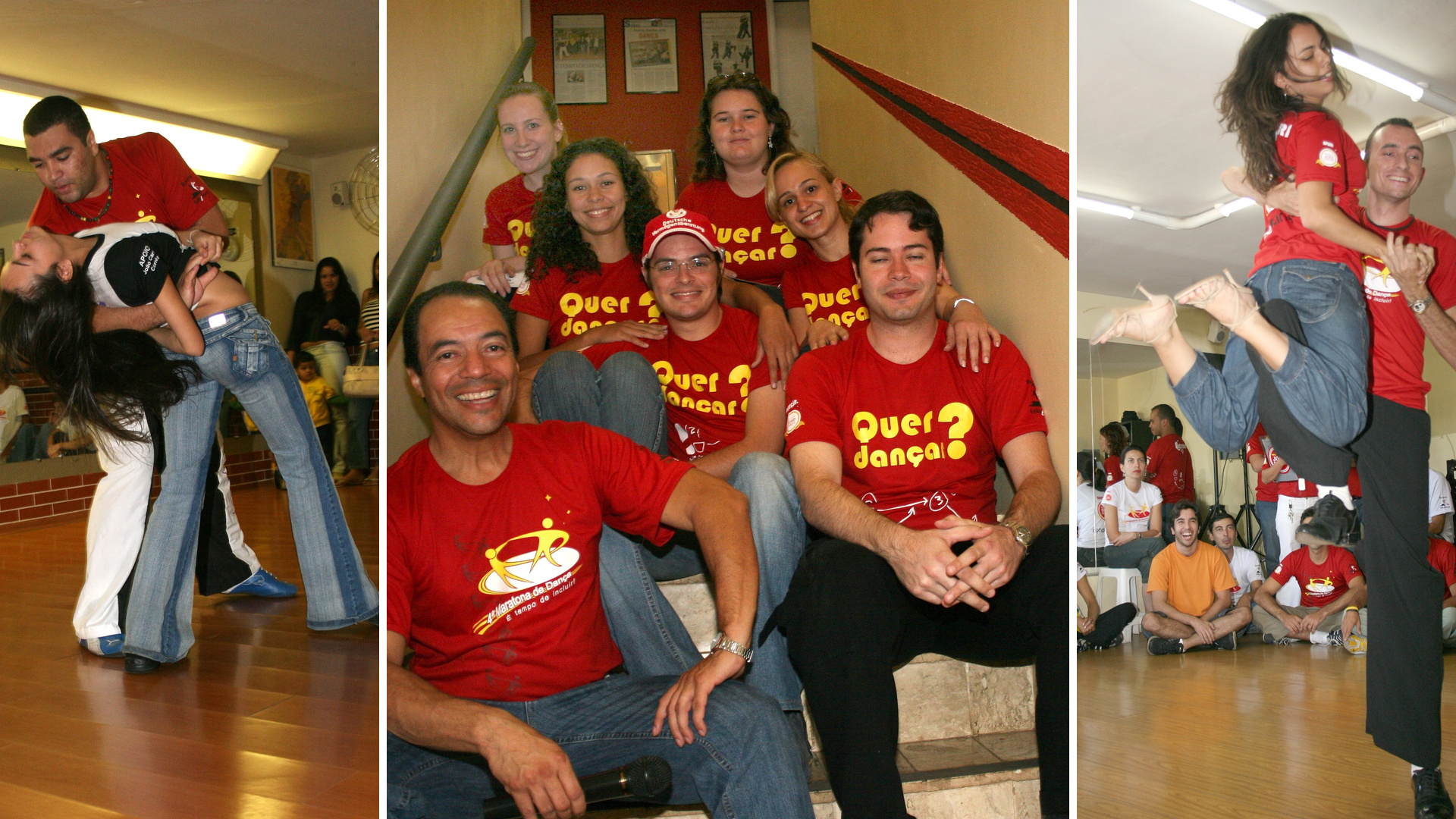 Montagem com duas demonstrações de dança e retrato coletivo da equipe com camisetas Quer Dançar