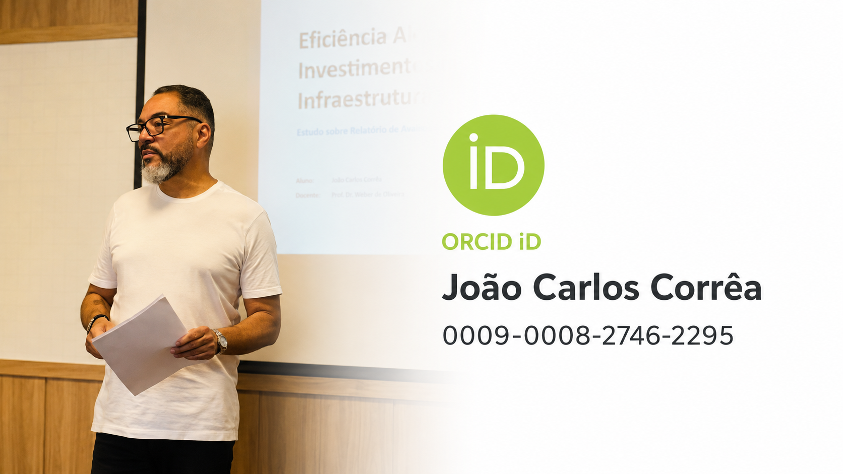 João Carlos Corrêa apresentando pesquisa, ao lado da identificação ORCID e de seu identificador 0009-0008-2746-2295