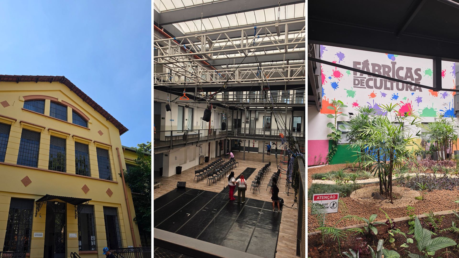 Montagem com registros da arquitetura e dos espaços da Fábrica de Cultura do Parque Belém