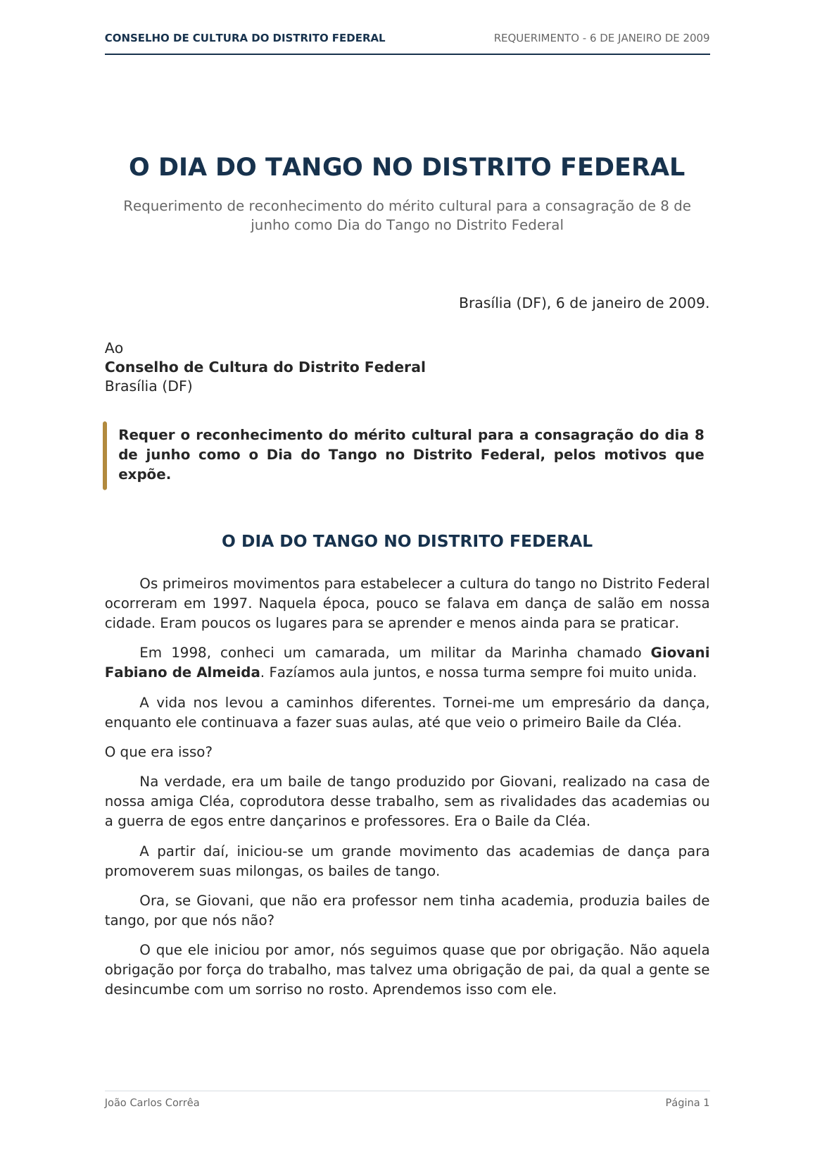 Primeira página do requerimento O Dia do Tango no Distrito Federal, datado de 6 de janeiro de 2009
