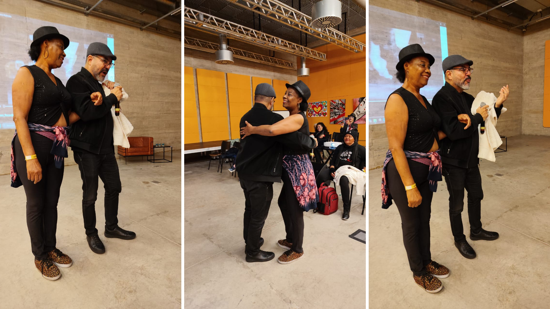 Montagem com três registros de João Carlos Corrêa e uma participante durante atividade de dança em São Bernardo