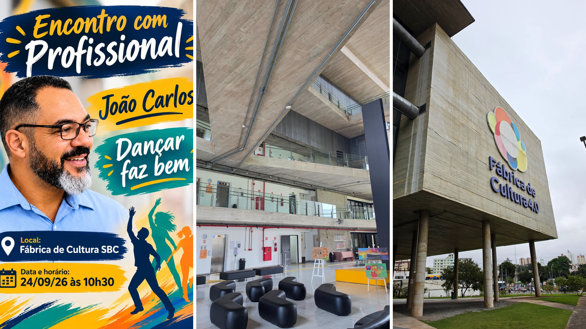 Montagem com peça gráfica do encontro e registros dos espaços da Fábrica de Cultura de São Bernardo