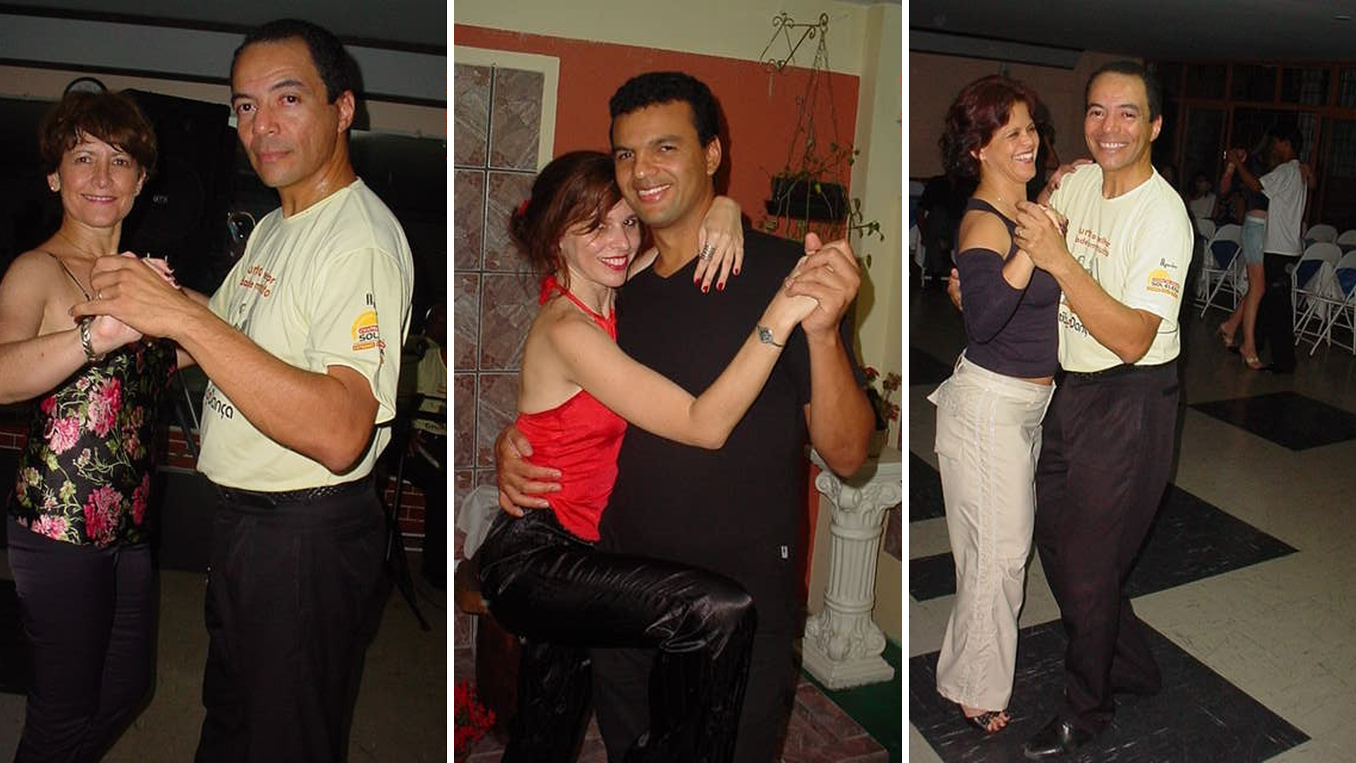 Montagem com três registros de duplas praticando dança de salão
