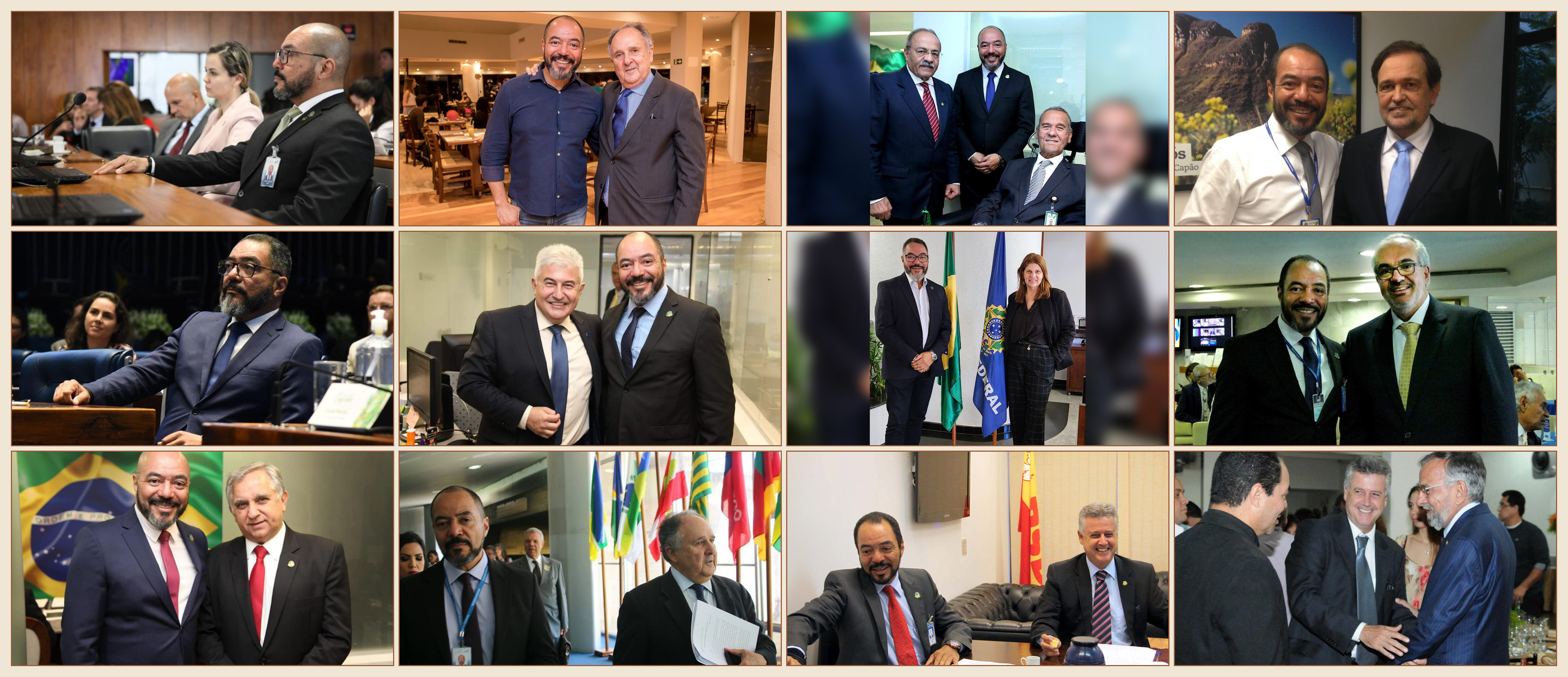 Mosaico com doze registros da atuação de João Carlos Corrêa no Senado Federal, reunindo plenário, comissão temática, gabinetes, parlamentares, administração e interlocuções institucionais.