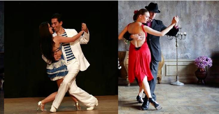 Composição com duas fotografias de dança de salão: um casal em figurinos branco e azul e outro em figurinos vermelho e preto