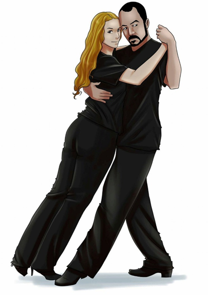 Ilustração de um casal em abraço de tango, ambos com roupas pretas; a mulher tem cabelos longos e claros