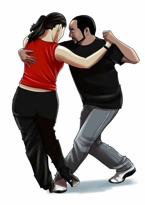 Ilustração de um casal dançando em abraço fechado; a mulher veste blusa vermelha e calça preta, e o homem veste camiseta preta e calça cinza