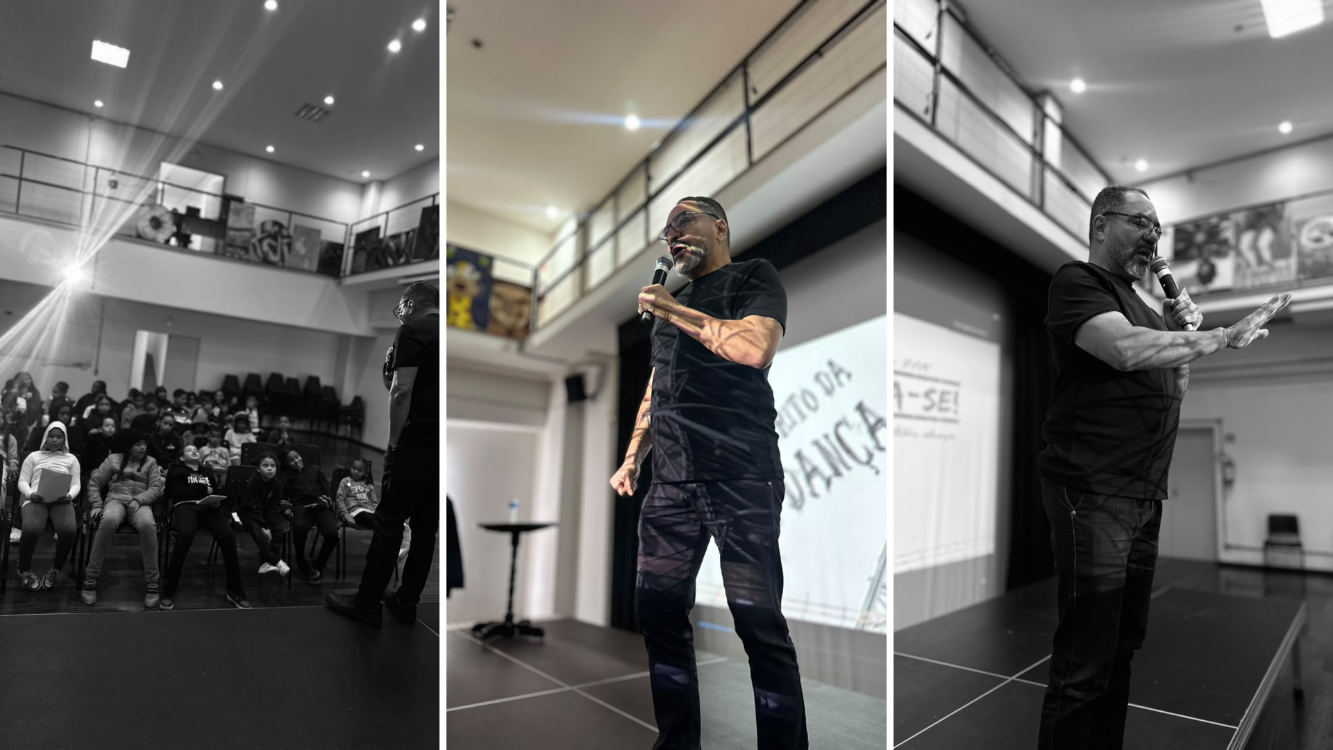 Montagem com três registros de João Carlos Corrêa durante a palestra na Fábrica de Cultura da Vila Curuçá